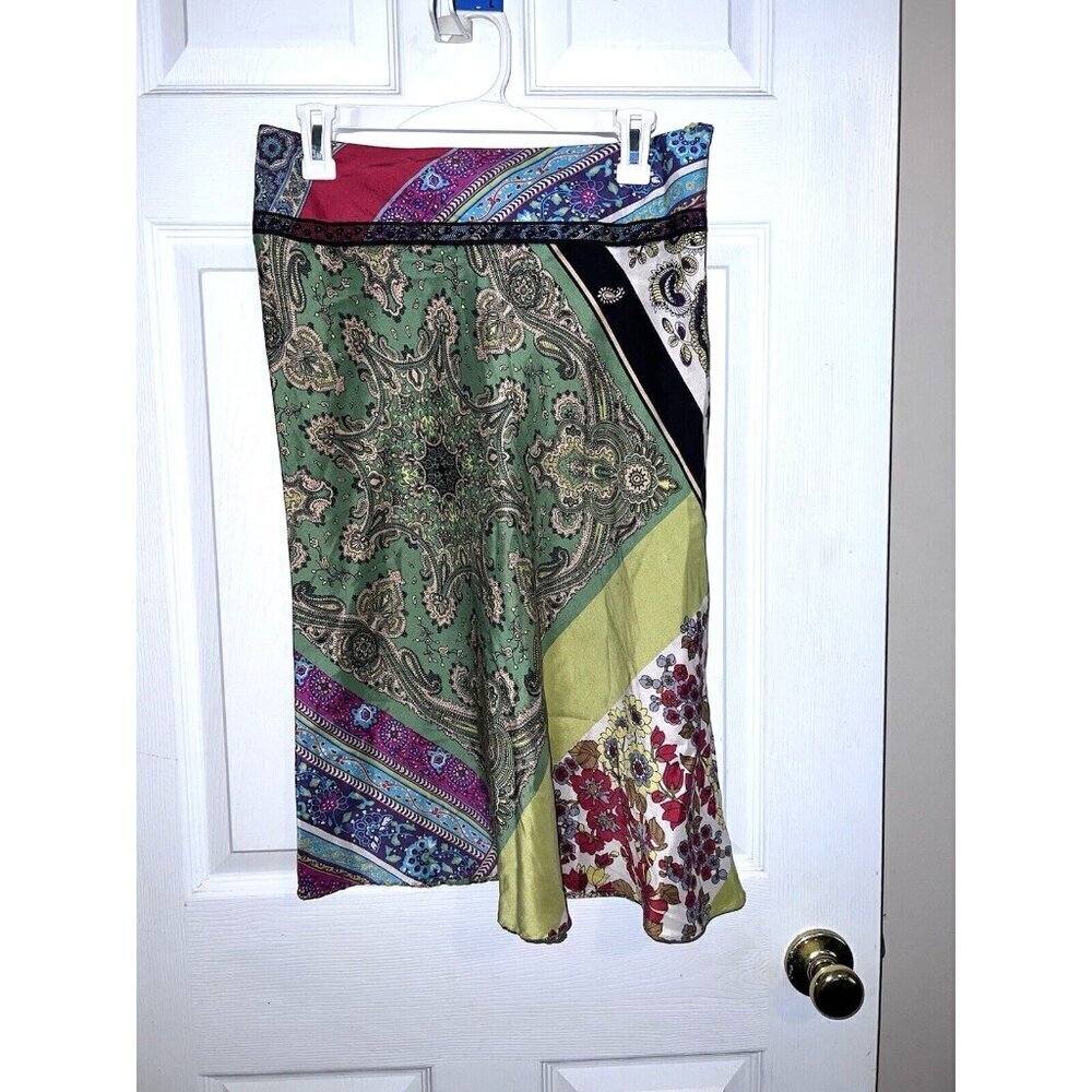 SINGLE Y2K Multicolor Paisley Floral Silk A-Line Skirt Sz 4 Lace Detail